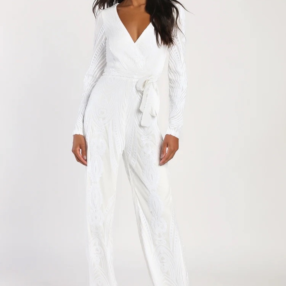 Lulu’s White Sequin Long Sleeve Wide-Leg Jumpsuit